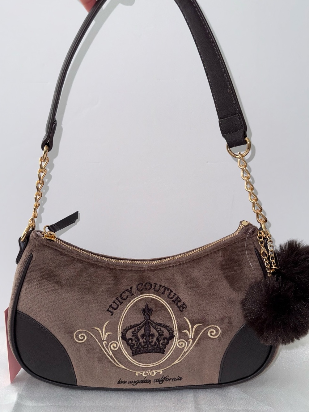 Juicy Couture Brown Chocolate Shoulder Bag Purse Gold Chain Faux Fur Charm